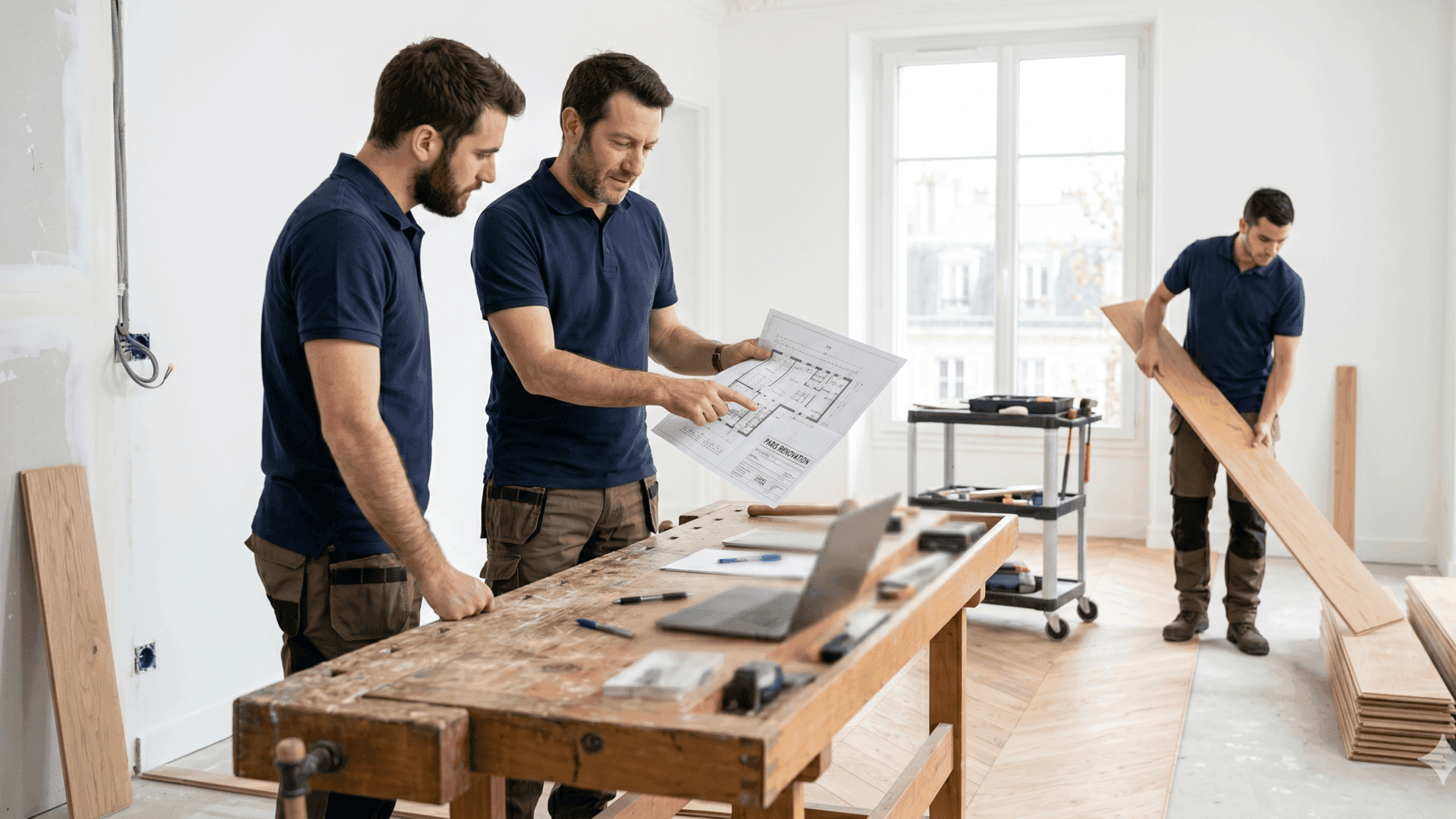 Équipe d'artisans MBCH sur un chantier breton lumineux