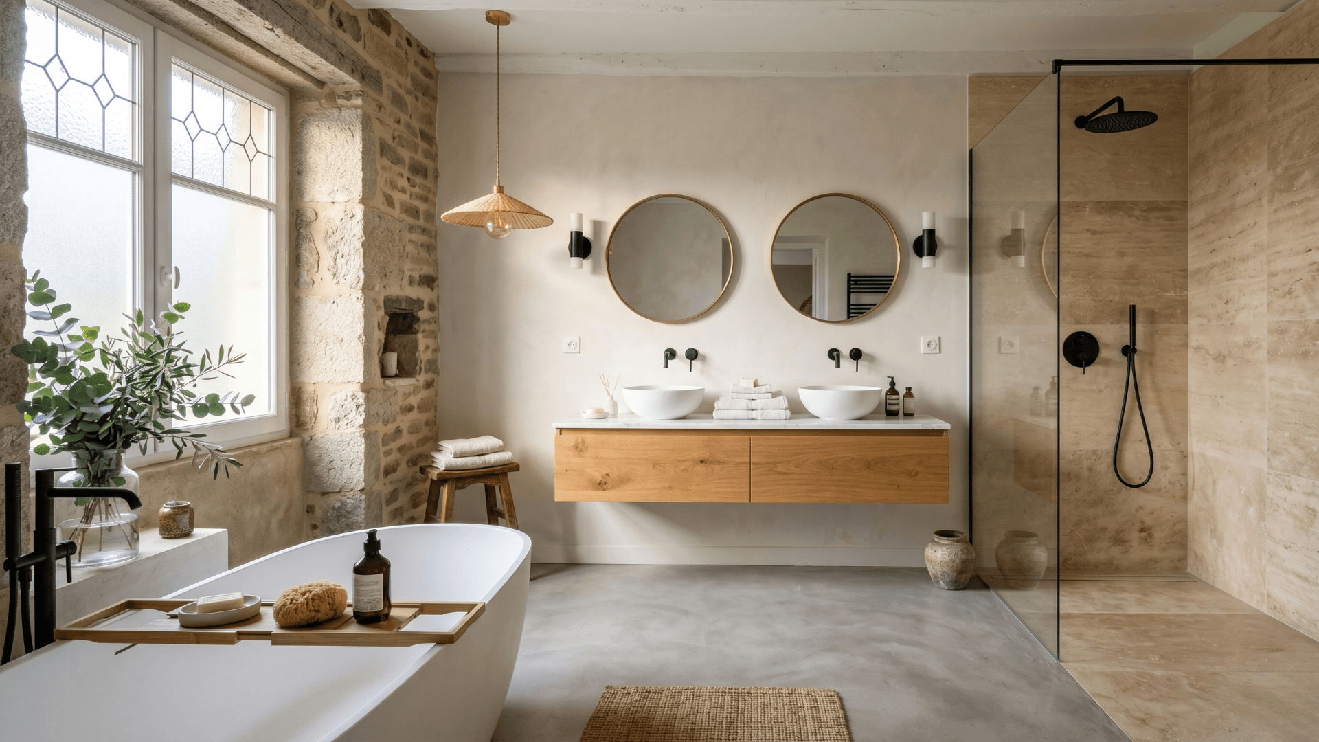 Salle de bain rénovée à Rennes par artisan MBCH — douche italienne et carrelage grand format