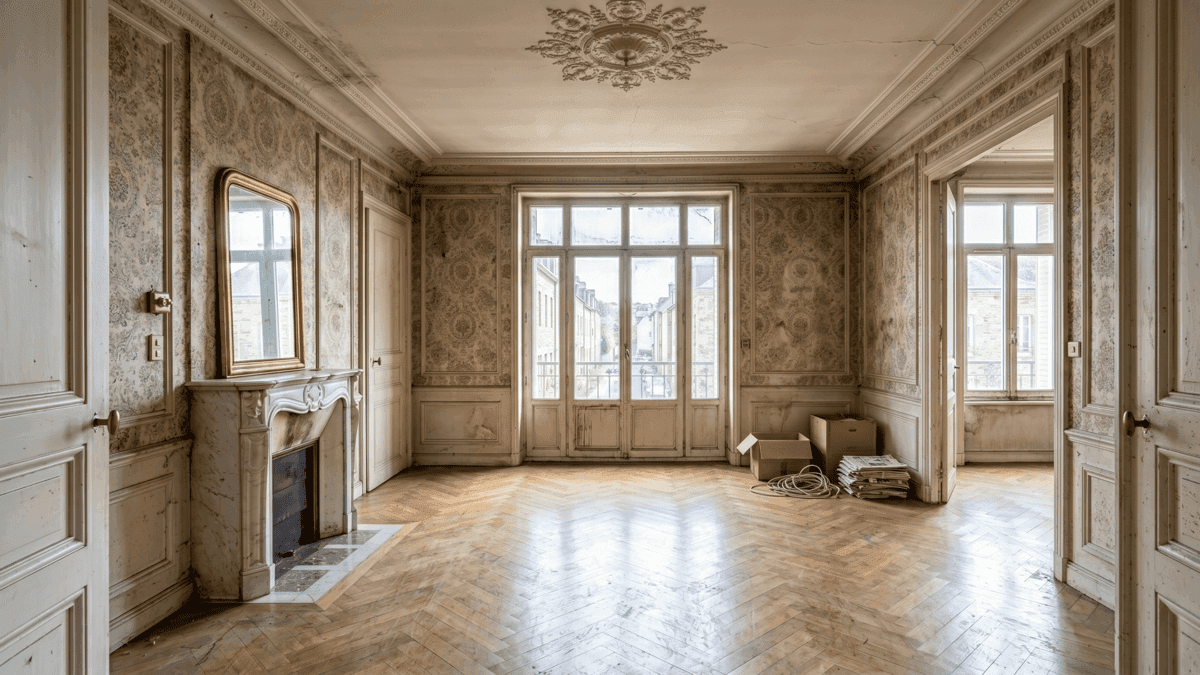 Avant — Salon haussmannien — peinture, parquet remis à neuf