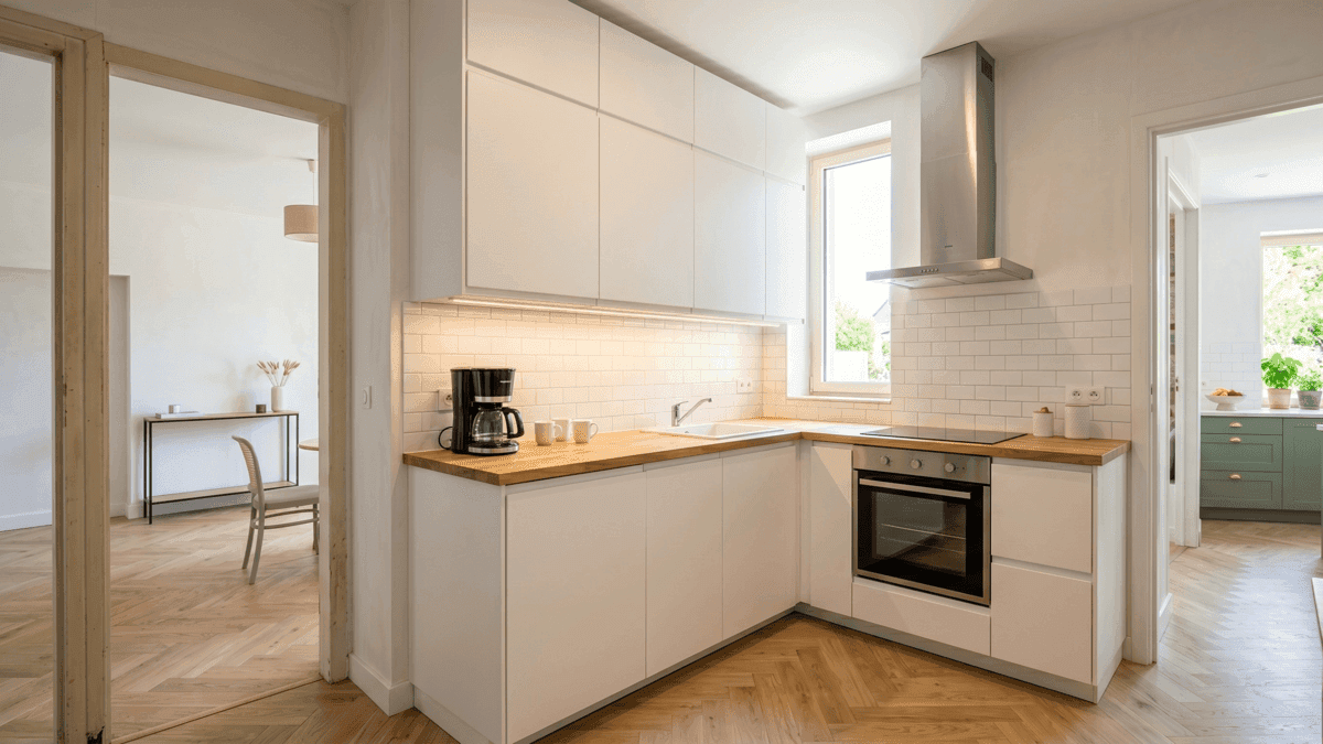 Après — Cuisine moderne — façades laquées blanches, plan bois