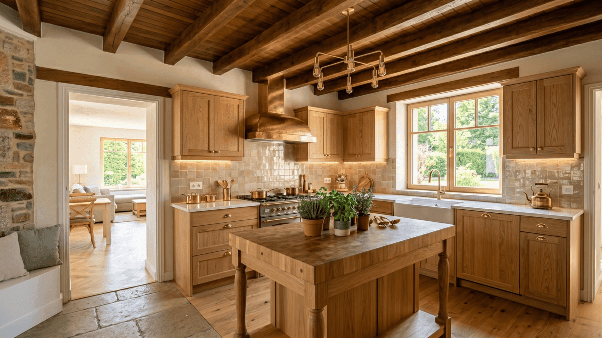 Après — Cuisine sur-mesure — bois clair, poutres apparentes, îlot central