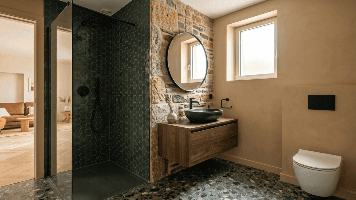 Après — Salle de bain — douche italienne, pierre apparente, vasque noire